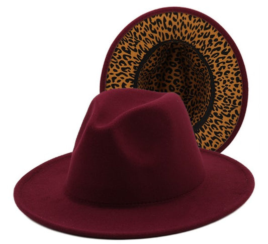Burgandy Solid Fedora w/Leopard Bottom