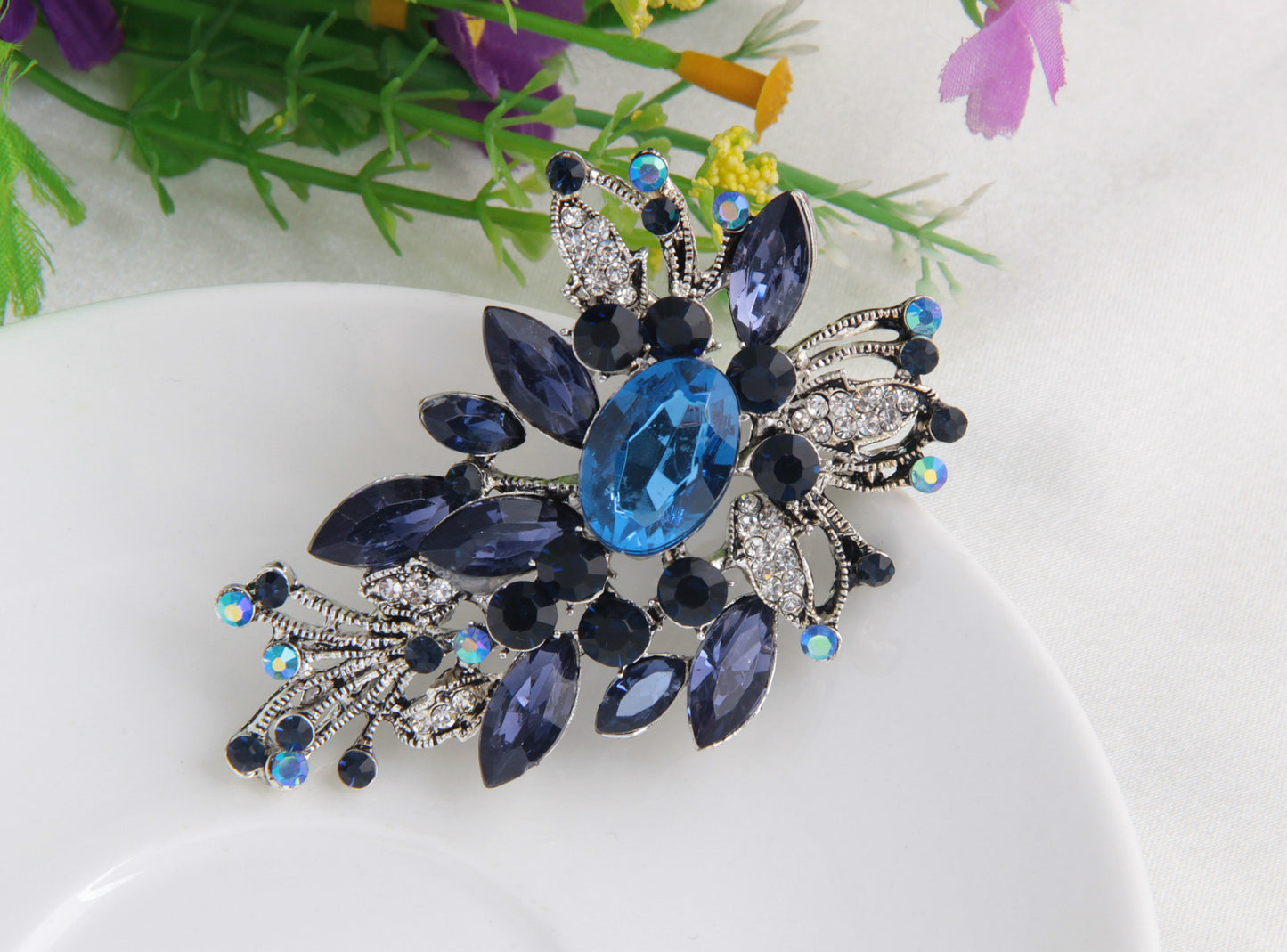 Dark Blue Fashion Flower with Rhinestones